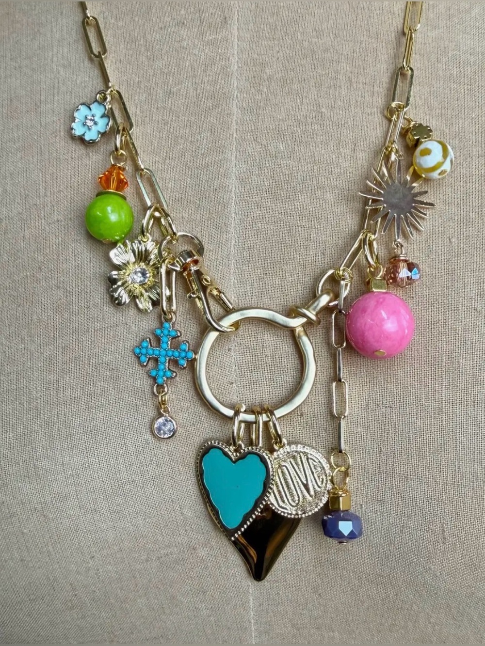 Gypsy Junk Colorful Roulette Chunky Love Heart Charm Necklace